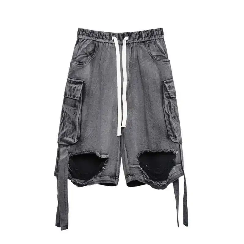 HKSH Niche Design Vintage Jeans Spring Summer High Street Tactical Large Pockets Half Length Denim Pants Washing Chic HK1078