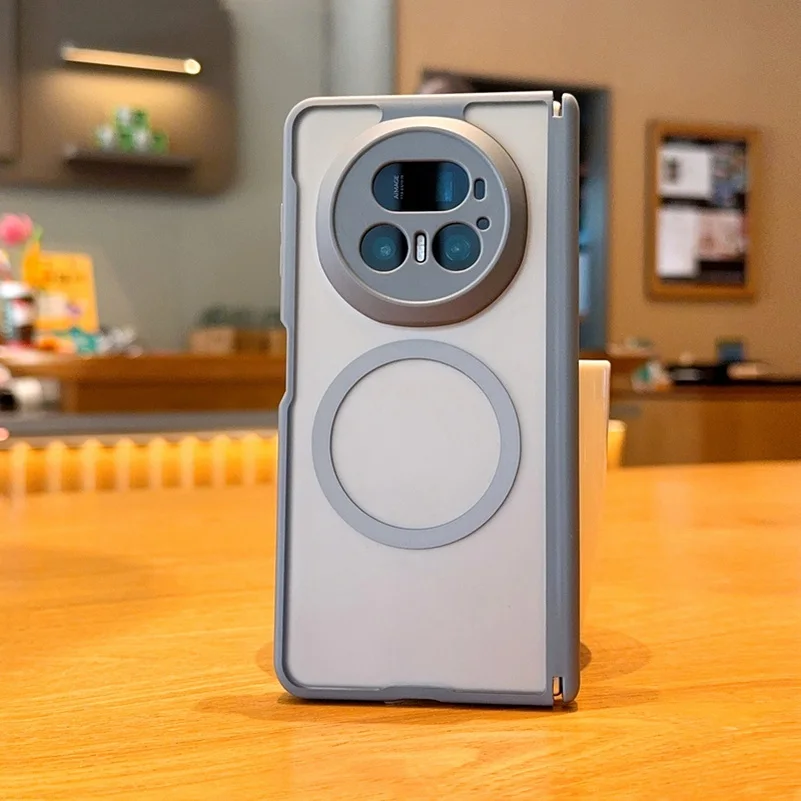 Frosted Matte Semi-Transparent Magnetic Phone Case with Center Axis Hinge and Camera Protection