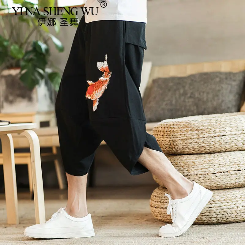 Men's Loose-fit Linen Short Traditional Chinese Style Embroidered Fish Beach Trouser Trendy Wide-leg Harlan Bloomer
