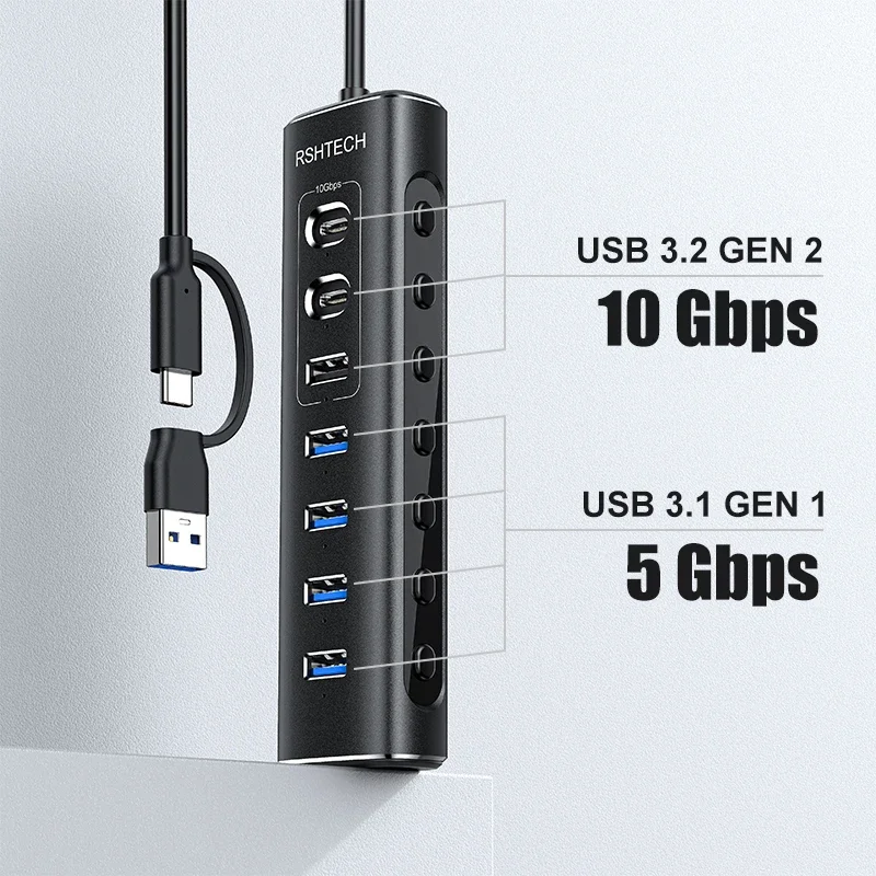 RSHTECH Powered USB Hub 7 Ports USB Extension 10Gbps USB-A and 2 USB-C Data Ports Individual On/Off Switches 12V Power Adapter 2
