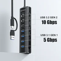 RSHTECH Powered USB Hub 7 Ports USB Extension 10Gbps USB-A and 2 USB-C Data Ports Individual On/Off Switches 12V Power Adapter 2