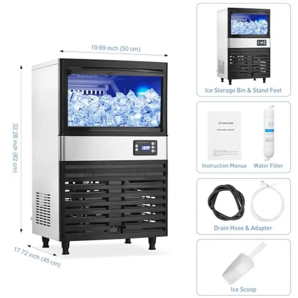 Commercial Ice Maker Machine 150LBS/24H Ice Machine with 30LBS Bin Drain Pump Water Filter and Scoop Blue Light 20" Premium 6