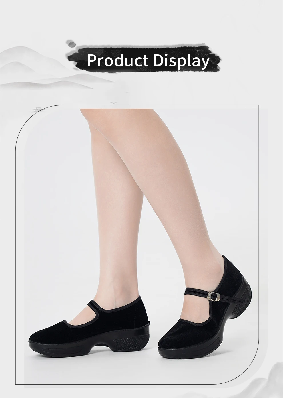 Damen-Mary-Jane-Schuhe aus schwarzem Samt mit Keilabsatz für Yangko-Tanzmädchen, rutschfeste ethnische Schuhe, Graduierungsexamen, spezialisierte Tanzschuhe – Detail 4