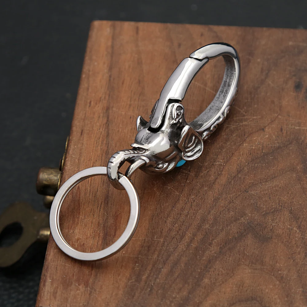 Vintage Punk 316L Stainless Steel Elephant Keychains For Men