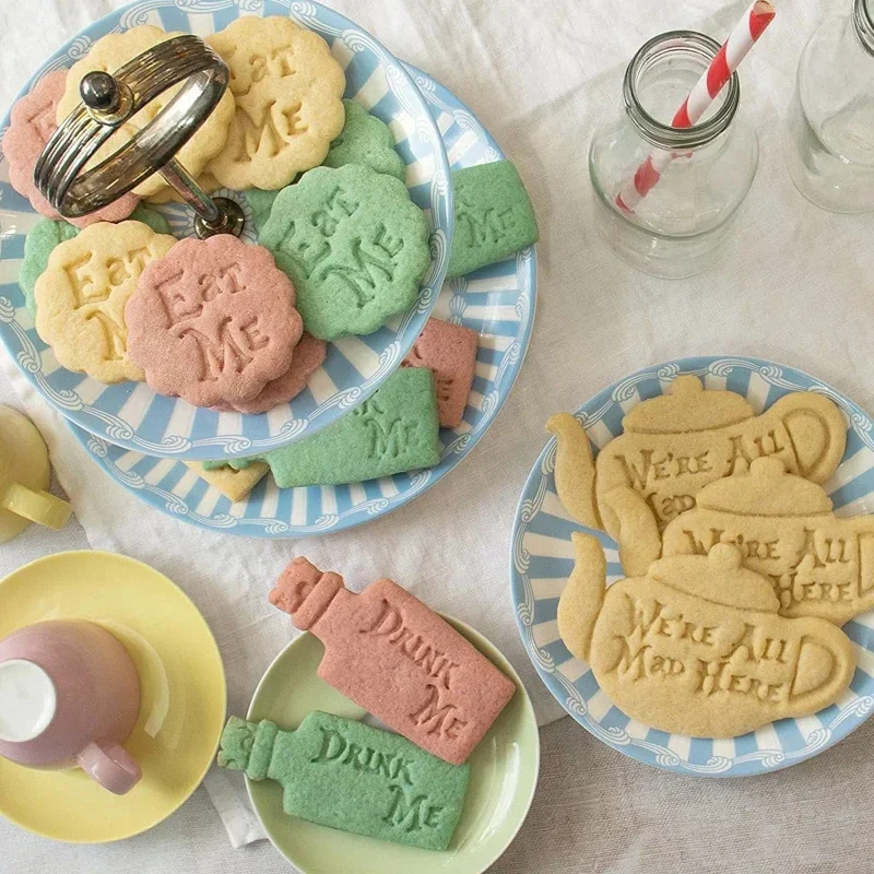 

Eat Me Drink Me Cookie Cutter Stamps Teapot Wine Bottle Shape Biscuit Mold Alice In Wonderland Theme Cookie Mold Baking Tools