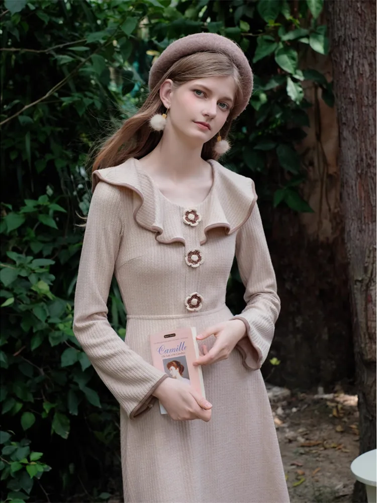 

AIGYPTOS Fall Winter Knitted Midi Dress For Women French Vintage Elegant Slim Ruffled Collar Long Sleeve Dress robe argent