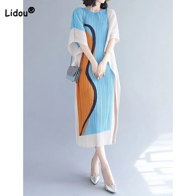 Elegant Fashionable Printed Folds Dress for Women Summer Korean Round Neck  Casual Batwing Sleeve Spliced Dresses Female Clothing - AliExpress 200000345