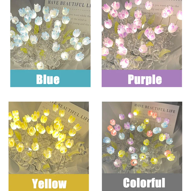 LED Night Light LED Atmosphere Lights Tulip Bouquet Night Light DIY Simulation Flower Desk Light Bedside Lamp Gift Decor