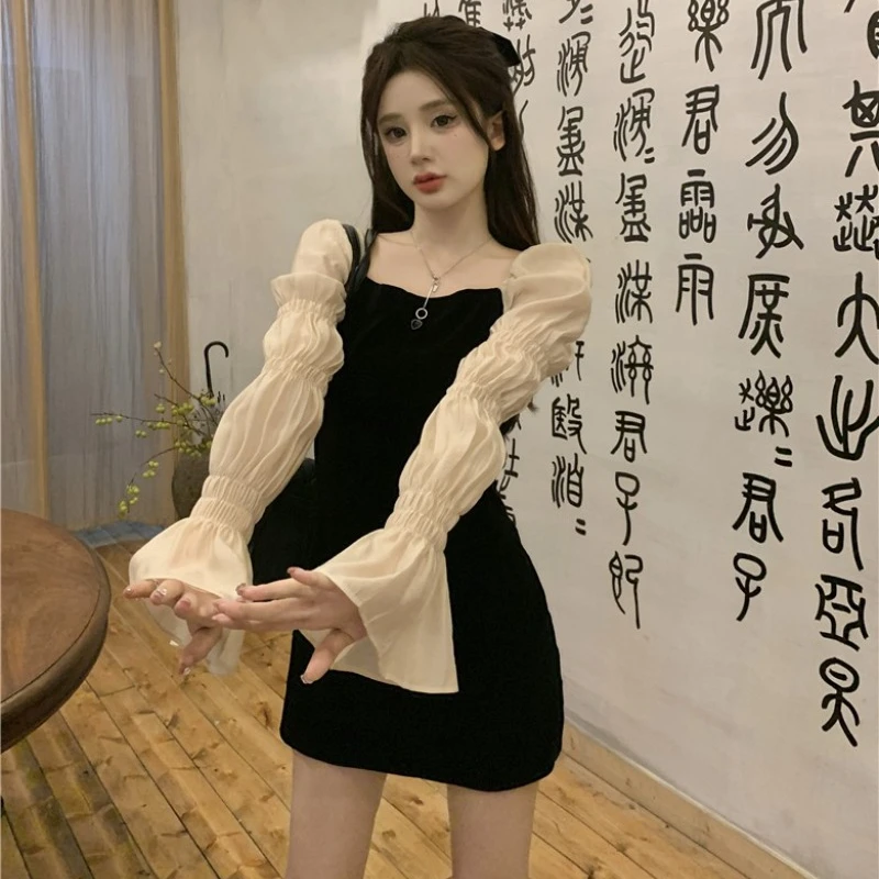 

Flared Sleeve Dresses Women Spring and Autumn Square Collar High Waist Office Lady Korean Fashion Slim Thin Short Dress Female