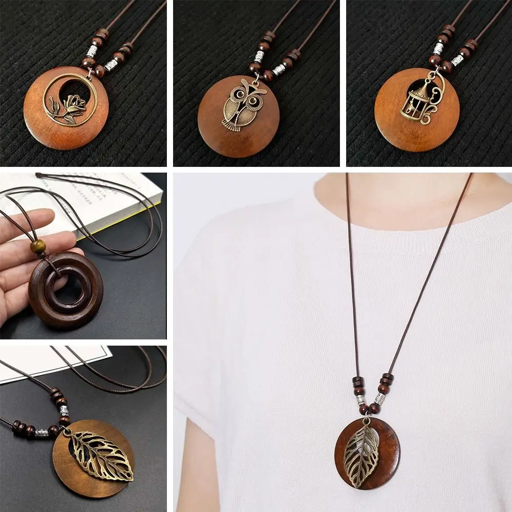 Vintage Wooden Owl Pendant Necklace - Ethnic Long Chain Jewelry