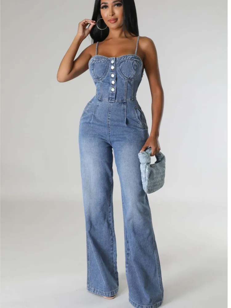 

RDMQ 2023 Women Denim Button Front Spaghetti Strap Wide Leg Straight Jumpsuit Autumn Street One Piece Suit Romper Playsuits