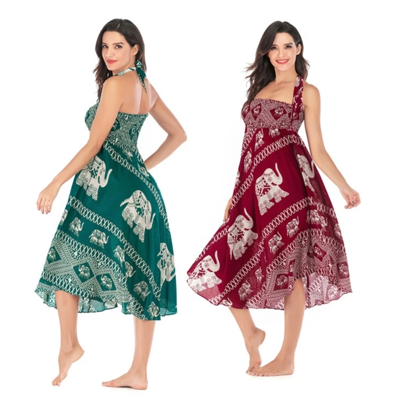 

Women Summer 2 In 1 Elephant Printed Bohemian Long Skirt Beach Tied Halter Dress