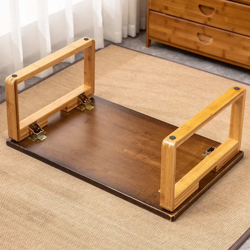 Chinese Style Folding Rectangular Low Table-Black Walnut Tone Bamboo Coffee Table, Compact Tatami/Bay Window Table for Home, S