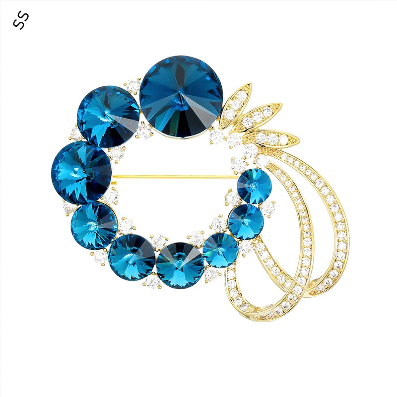 

New Austrian Crystal Brooch Blue Wreath Handmade Inlaid Zircon Gemstone Corsage Pin for Clothing Accessories Elegant Fashion