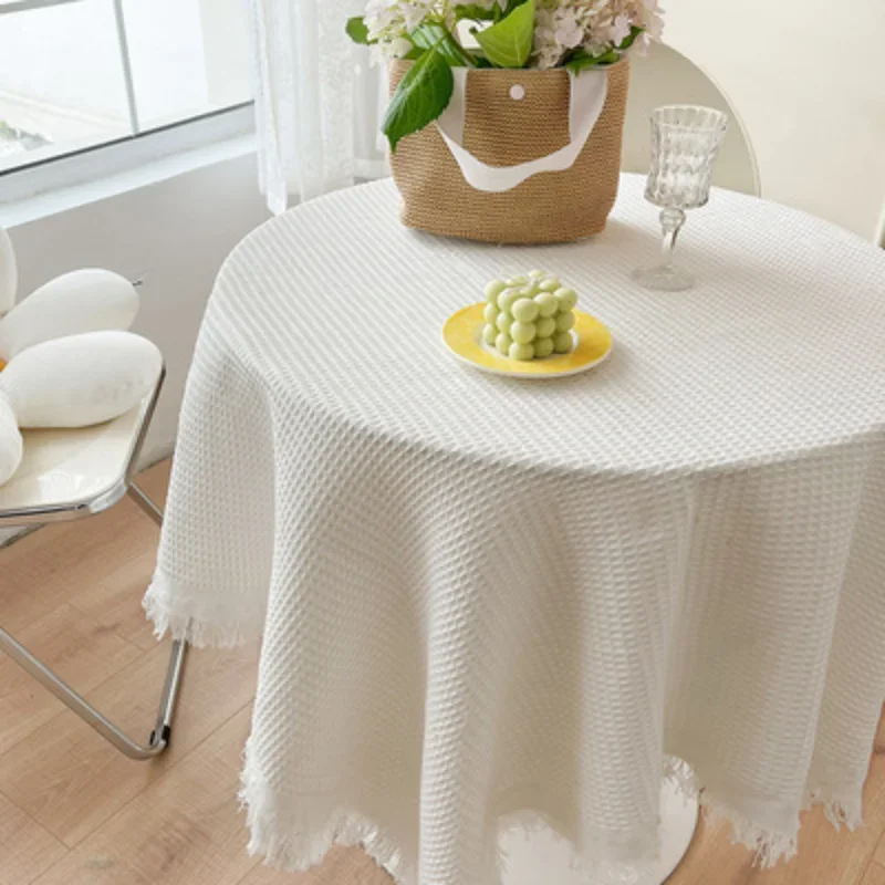 

Nordic Style Solid Color Warm Cotton Waffle Round Table Cover and Linen Japanese Thicken Tablecloth Decor Party Table's Cloth