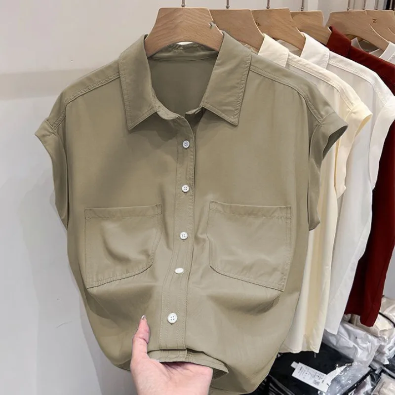 French Style Minimalist Summer Commuti Short Sleeve Chiffon Blouses Women's Patchwork Solid Pocket Loose Polo Neck Button Shirts