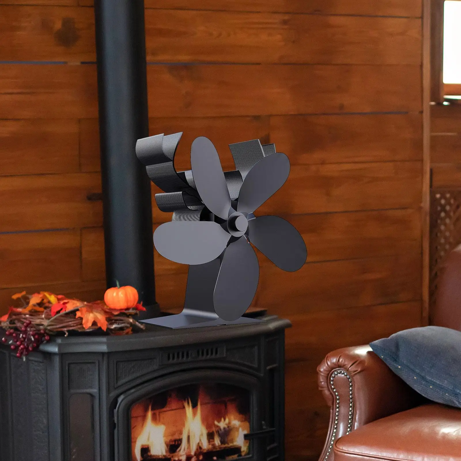 

Christmas Wood Burner Fireplace Fan 5 Blade Silent Running Eco Friendly Multipurpose Lightweight Black Color Heat Powered