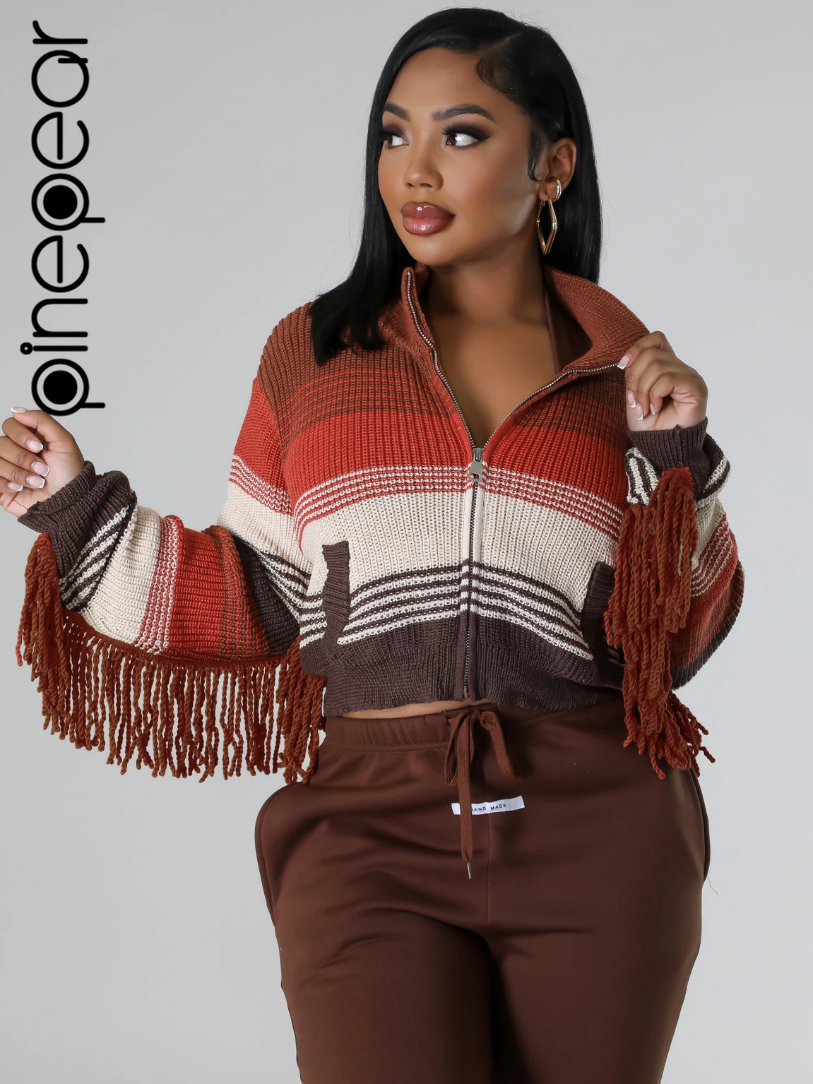 

PinePear 2024 Winter Tassel Sweater Jackets Women Fashion Colorful Knitted Coats Long Sleeve Zipper Turtleneck Crochet Cardigans
