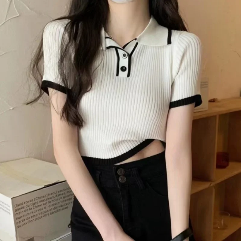 รูปสินค้า เสื้อแขนสั้นทรงรัดรูป คอโปโล สีตัดกัน ฤดูร้อน