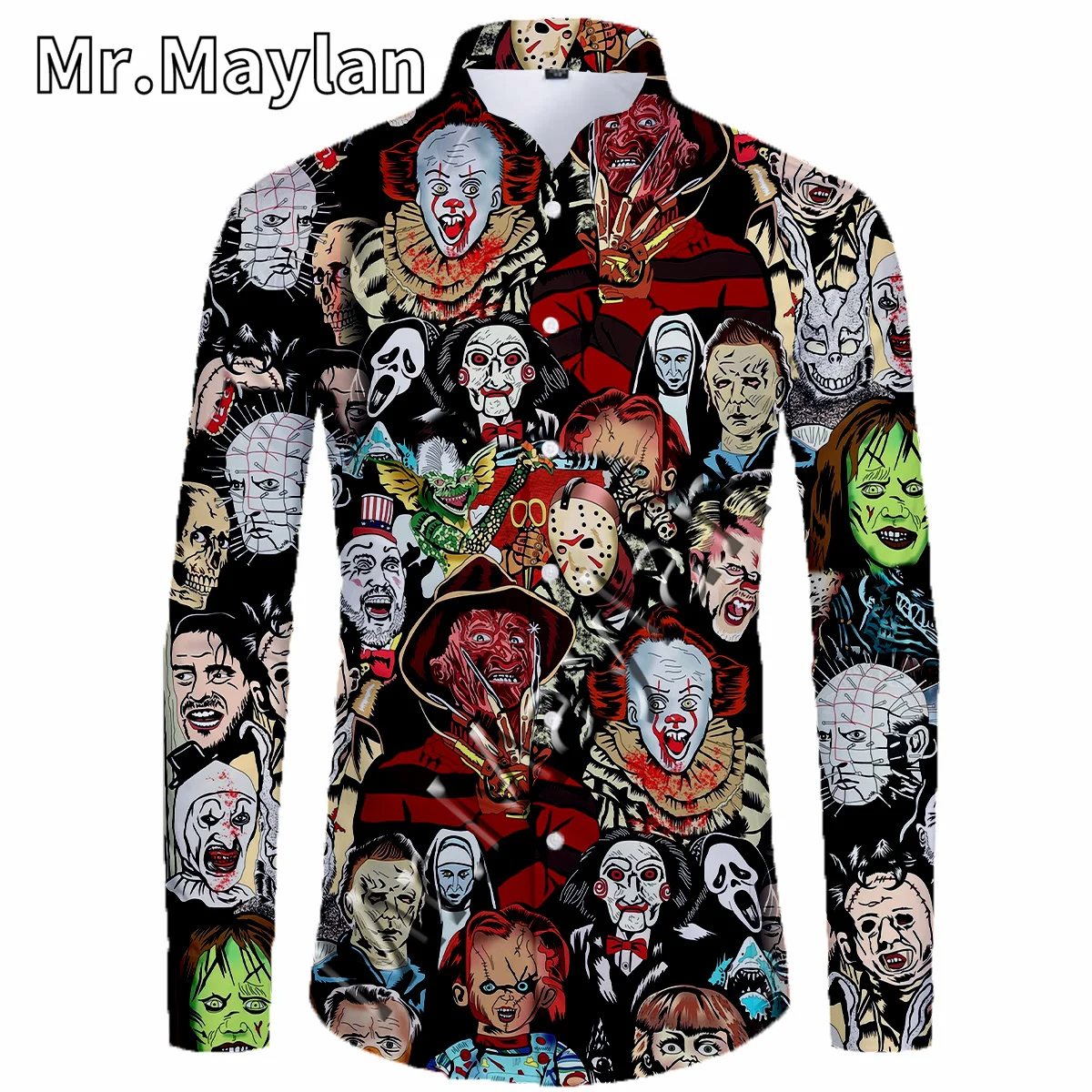 

Halloween Skull 3D Beach Hawaiian Shirt 2022 Horror Movie Long Sleeve Streetwear Oversized 5XL Clothes Social Chemise Homme A023