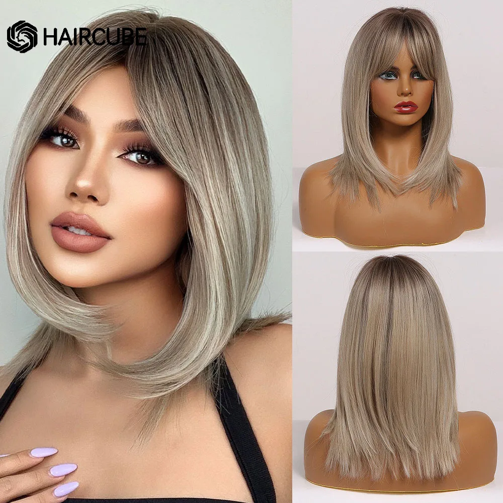 element synthetic wigs medium straight blonde mixed brown bob with bangs wig for women cosplay daily heat resistant headband Medium Length Ombre Brown to Blonde Straight Hair Wigs with Bangs Synthetic Wigs for Women Cosplay Heat Resistant Natural Wigs