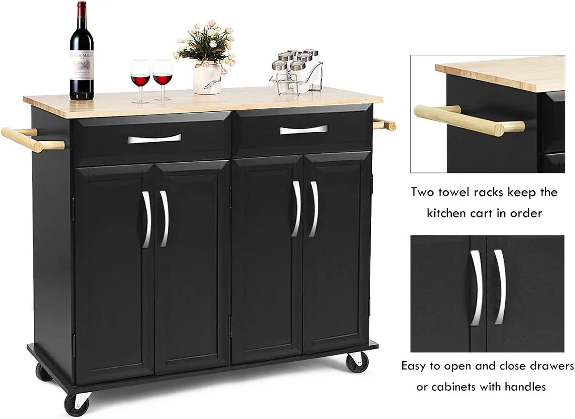 Kitchen Island Cart, Rolling Trolley Cart Utility Cabinet w/Rubber Wood Top, Large Storage Easy-Clean with Smooth Lockable Wheel