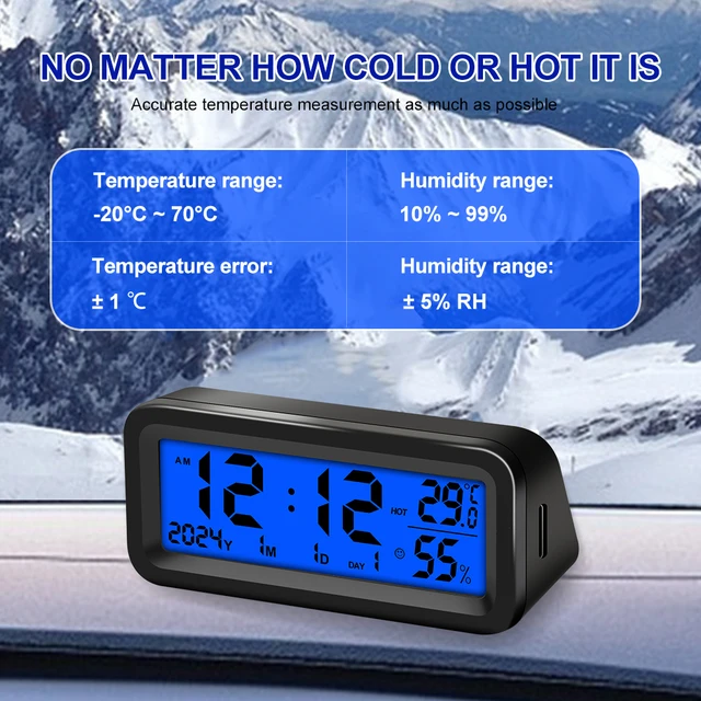 Solar Car Digital Clock Date Week Temperature Humidity LCD Backlit Display for Dashboard Car Clock Automobiles Internal Stick-On 5