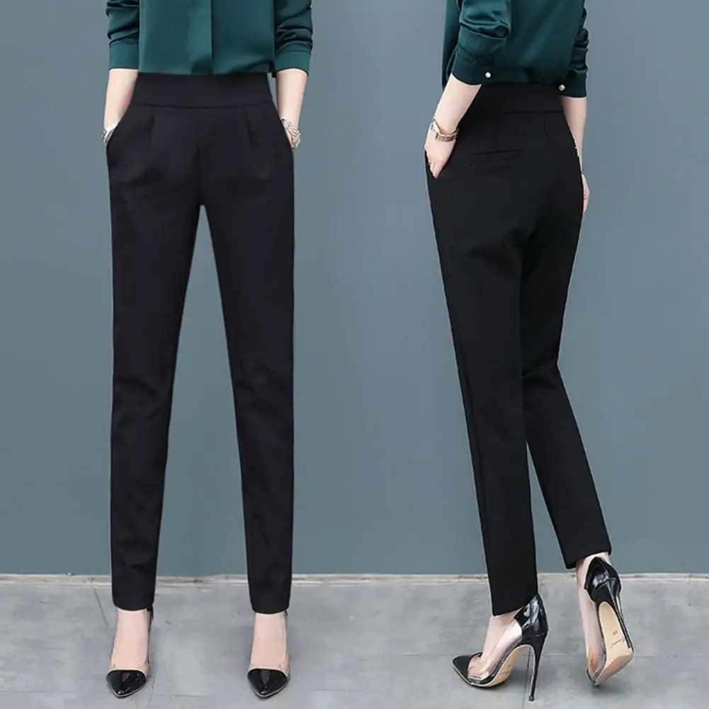 

Women Solid Color Suit Pants High Waist Elastic Waistband Slant Pockets Slim Fit Casual Long Trousers Workwear