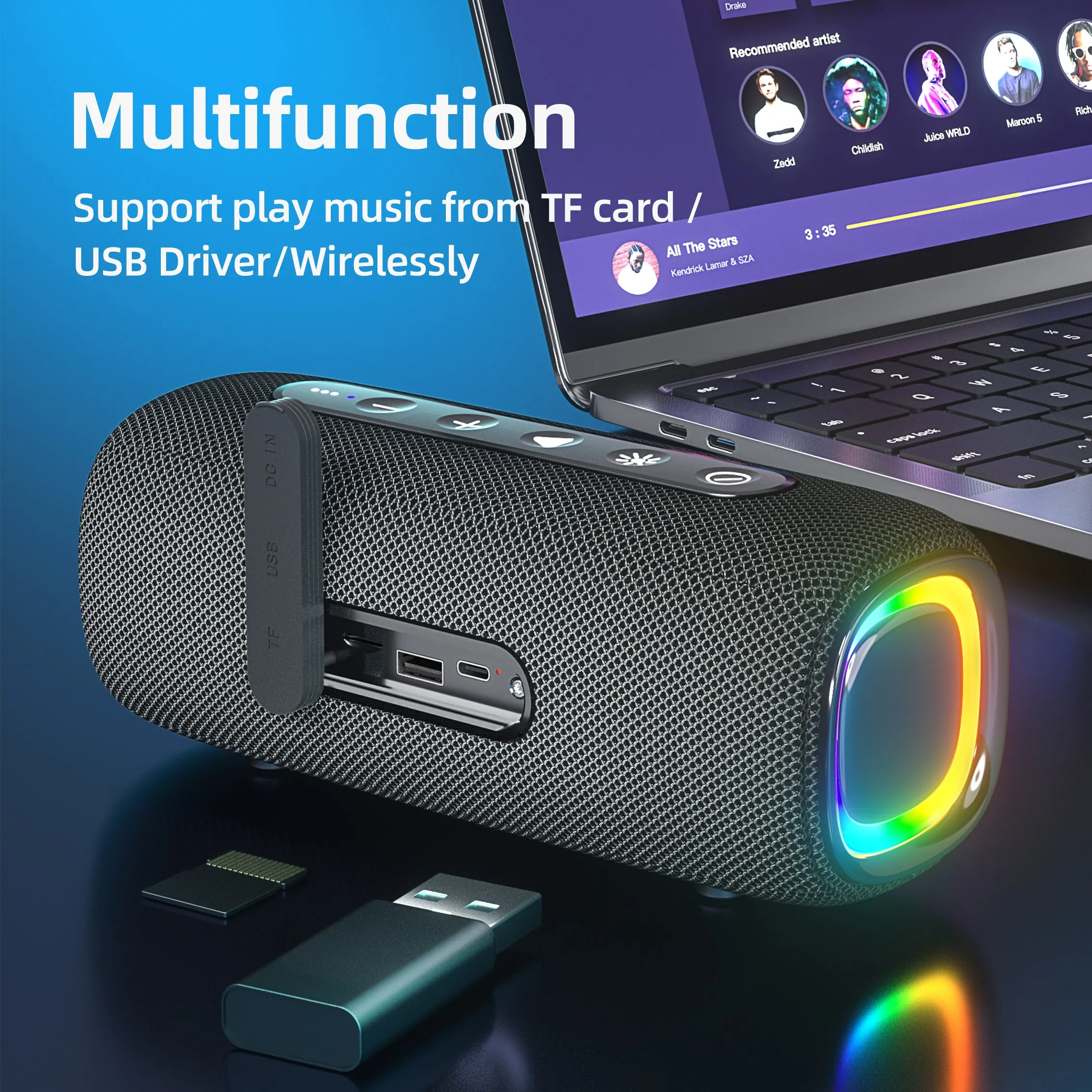 록 미아 20W 무선 스피커 EBS-608 강력한베이스 RGB 라이트 블루투스 5.3 긴 재생 시간 Hifi Boombox