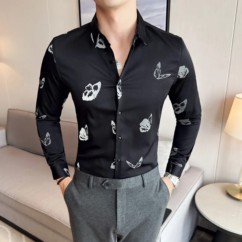 

2023 Autumn Nightglow Butterfly Printed Men's Shirt Korean Fashion Slim Long Sleeve Casual Shirt Social Party Camisa Masculina