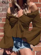 

Celmia Women Sexy Blouses V-neck Spring Twisted Pleated Short Tops Off Shoulder Ruffles Fashion Puff Long Sleeve Peplum Shirt