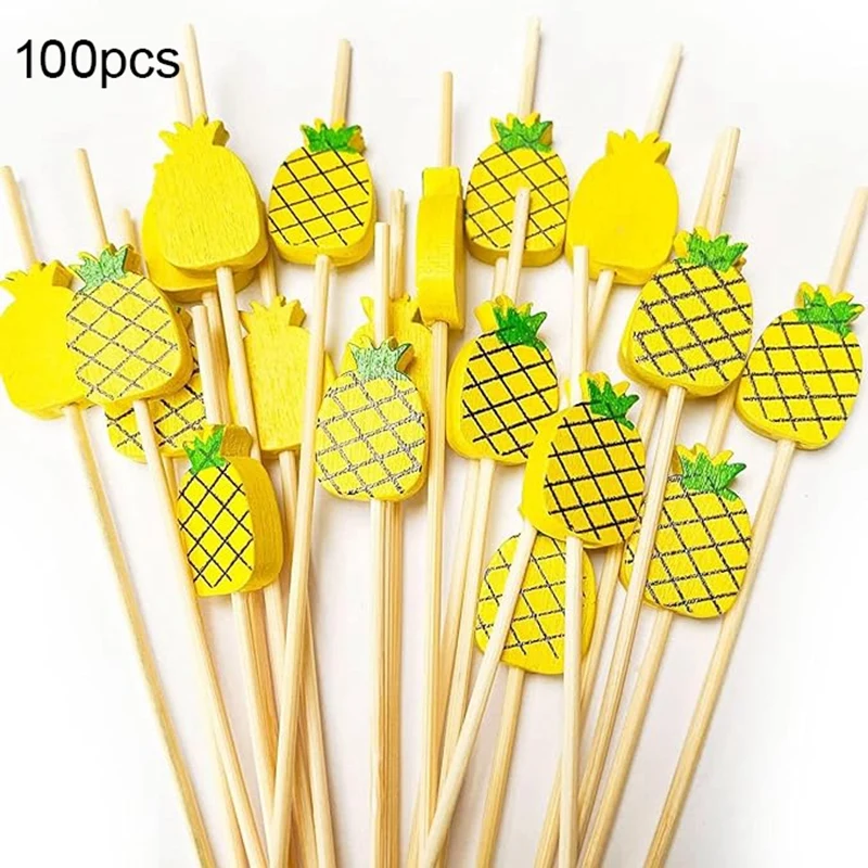Cocktail Picks Handmade Bamboo Toothpicks 100Pcs 4.7 Inch Yellow Pineapples Easy To Use High Guality