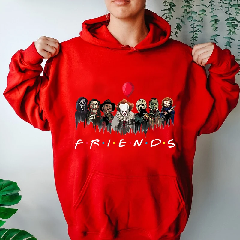 Halloween Horror Movie Killer Horror Friend Print Women's Autumn and Winter Hoodie with Velvet Sweater Loose Fleece Pullover 3