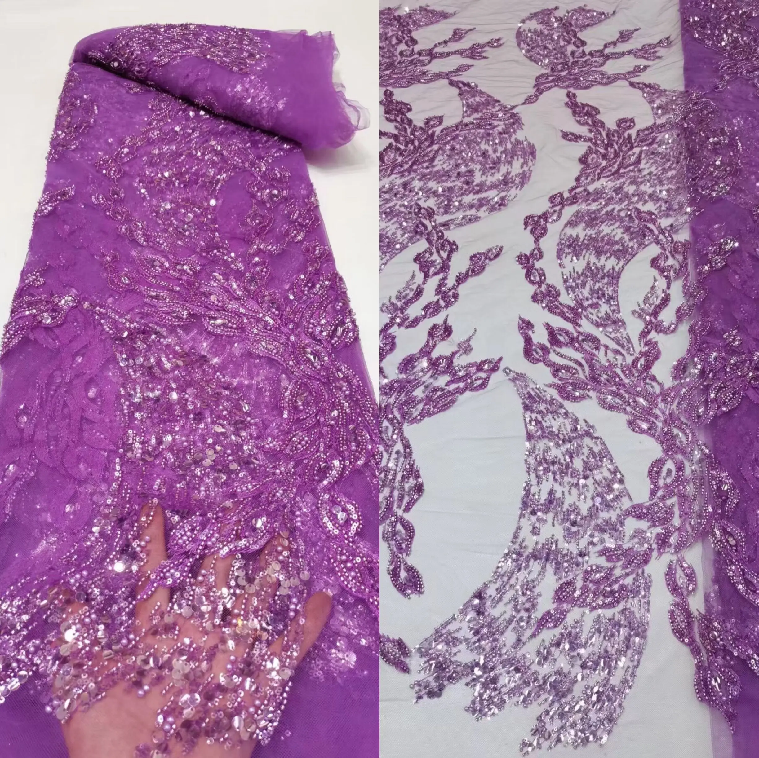 

High Quality Beads SYJ-1210282 Embroidery Fabric Sequins Embroidery African Lace Fabric French Mesh for Evening Party Dress