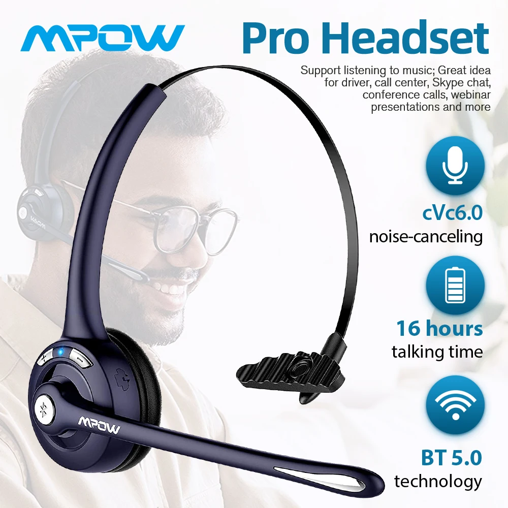 Blue Mpow M6s Wireless Headphones Bluetooth 5.0 Headset with Noise