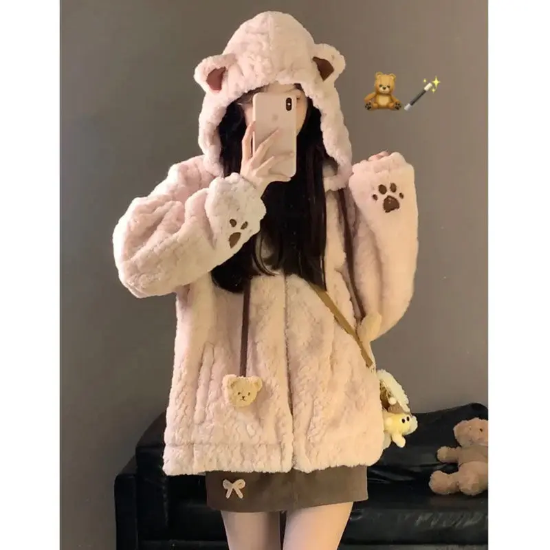 Hooded Cute Coat Winter Lovely Loose Female New Simple Casual Fashion Print Soft For Women