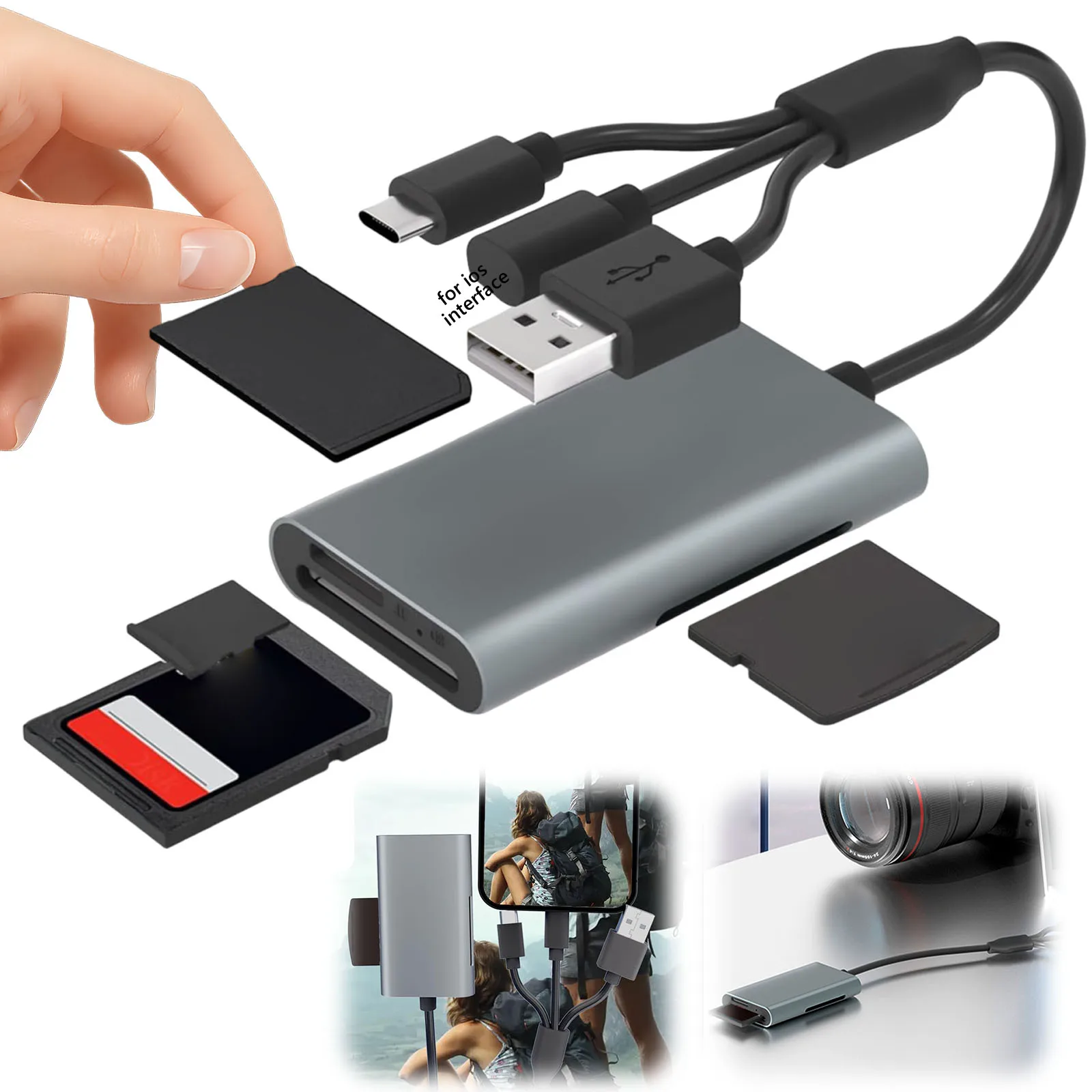 라이트닝/USB-C/USB-A 포트가 있는 4 in 1 SD 카드 리더기 메모리 스틱 프로 듀오 어댑터 플러그 앤 플레이(안드로이드 아이폰 윈도우용)