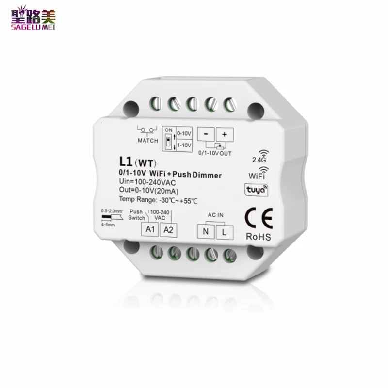 100-220VAC 1CH 0/1-10V WiFi & RF Push Dimmer L1(WT) Tuya APP Cloud  on/off Controller DIP Switch For Single Color Strip Lights xh w3001 10a 12v 24v 220vac digital led temperature switch controller for incubator cooling heating switch thermostat ntc sensor