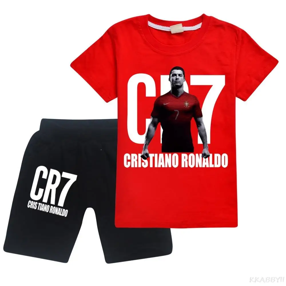 New Boys Girls Cr7 Clothes Set Casual Cartoon Printed Kids Short Tshirt + Pants 2Pcs Fashion Children Clothes Suit