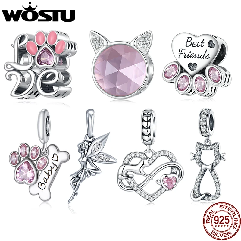Wostu 925 Sterling Silver Dolce Rosa Gatto Artiglio Ciondoli Amore Cuore Animale Domestico Perline Fit Originale Braccialetto Braccialetto Fai Da Te C
