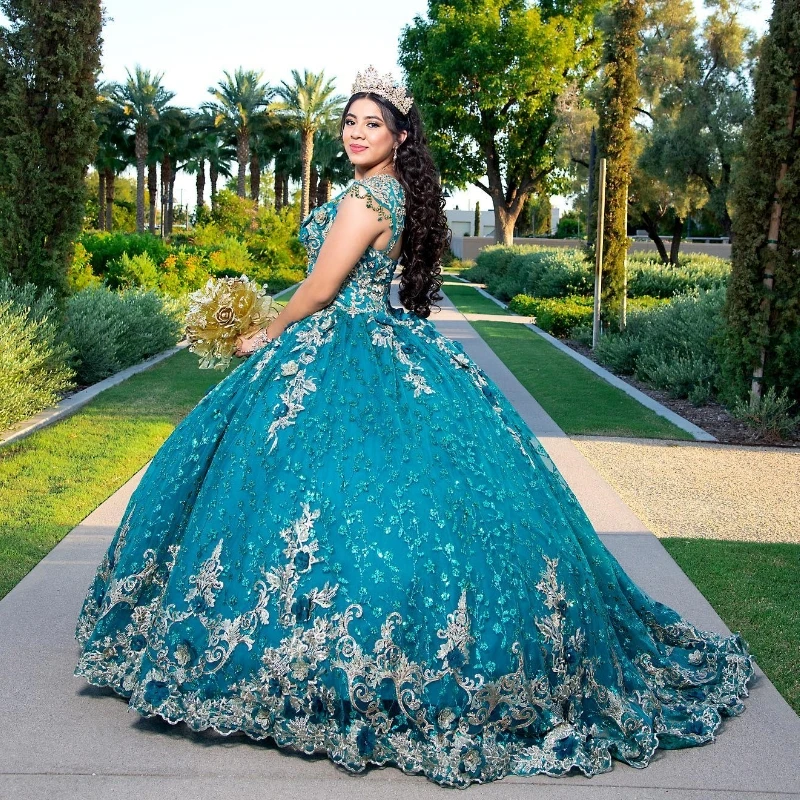 

Green Glitter Quinceanera Dress Ball Gown Off the Shoulder Lace Applique Beading Crystal Tull Mexican Sweet Vestidos De 15 Años