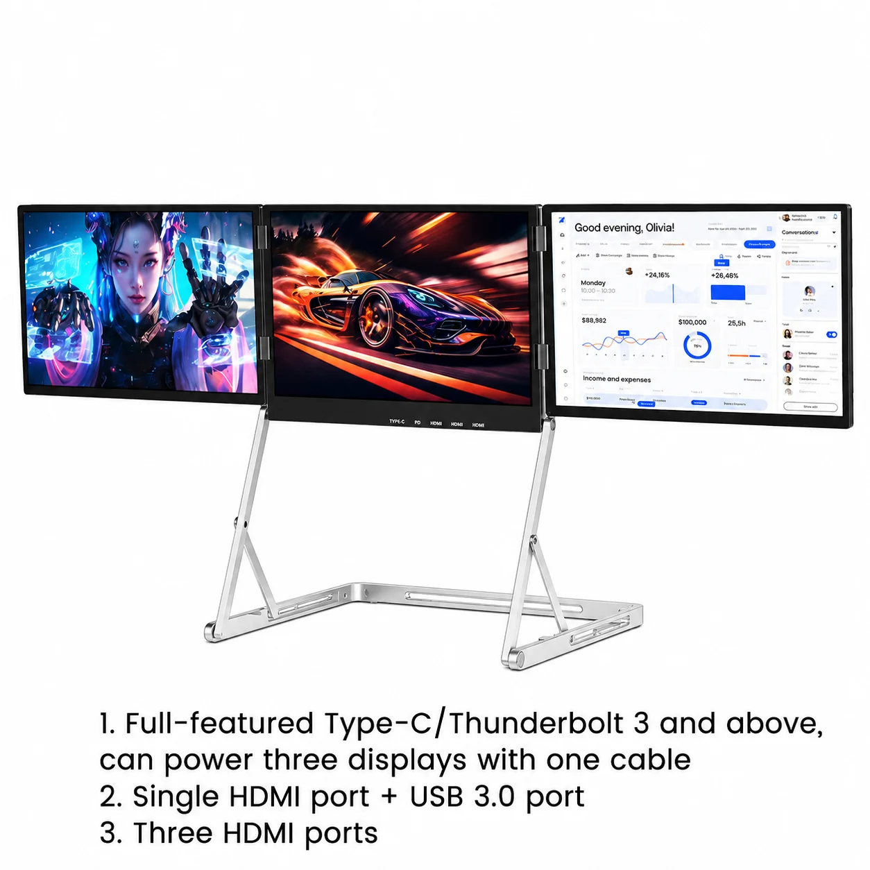 시볼란 16인치 2.5K 3화면 휴대용 모니터 60Hz 100% sRGB 360 °   노트북, 윈도우 및 맥오스용 접이식 외장 디스플레이