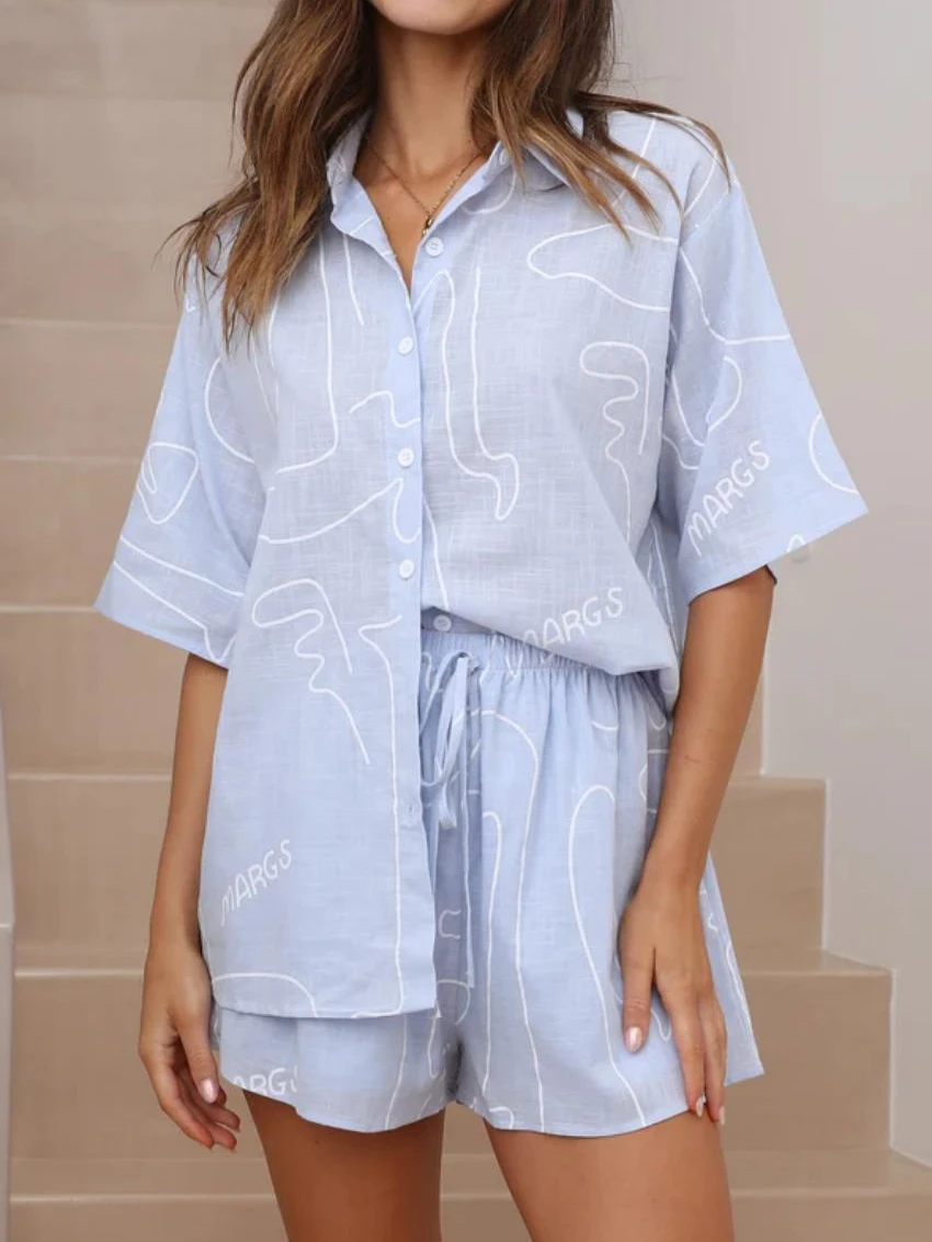 

Casual Shorts 2 Pieces Sets Women Elegant Abstract Painting Sets Cotton Cozy Lapel Short Sleeve Shirt Summer Outfit Shorts Suits