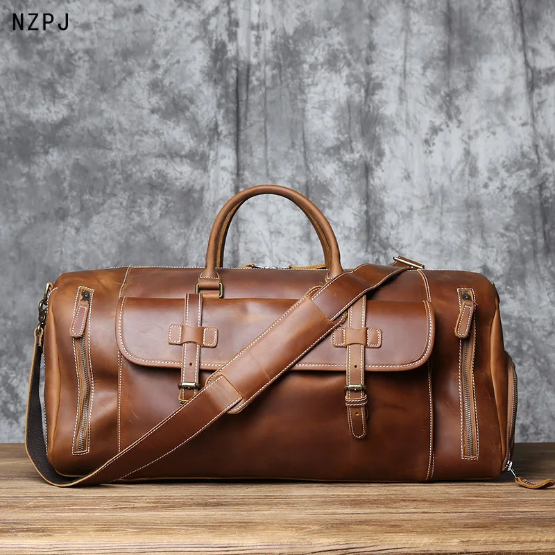 Vintage Genuine Leather Men's Travel Bag Crazy Horse Leather Duffel Bag Large Capacity Top-Layer Cowhide Handbag Crossbody NZPJ