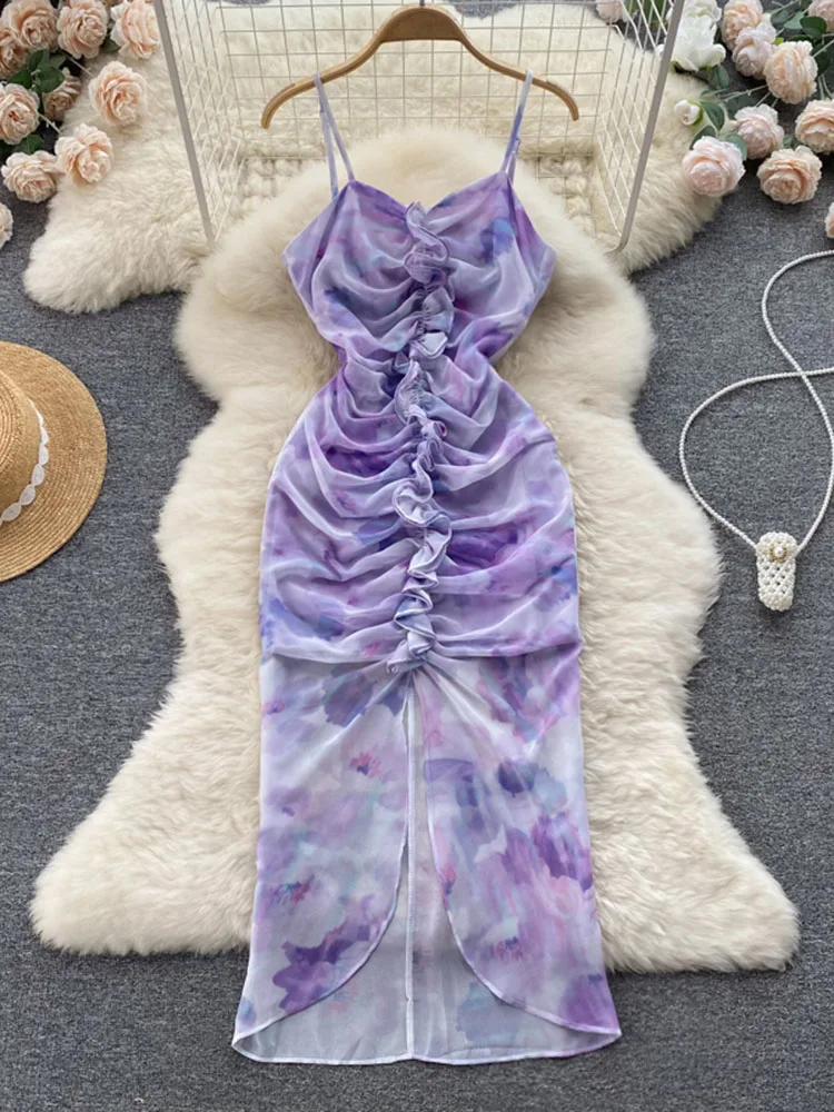 

Sexy Summer Chiffon Suspender Off Shoulder Dress Long Vestidos Women Design Sense Pleated Split Ladies Party Night Wrap Dress