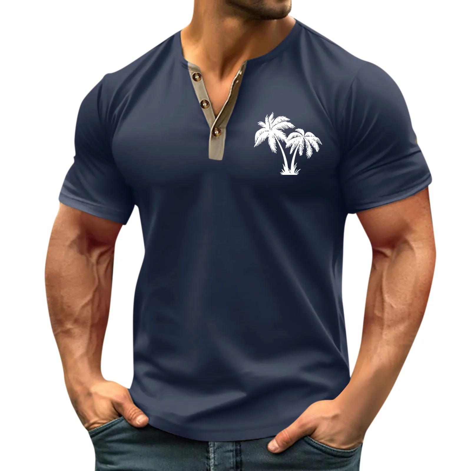 

Vintage Summer Men'S T-Shirt Streetwear 3 Buttons Open Fly Loose Clothing Print Short Sleeve T-Shirt Ropa Hombre Sudaderas Para