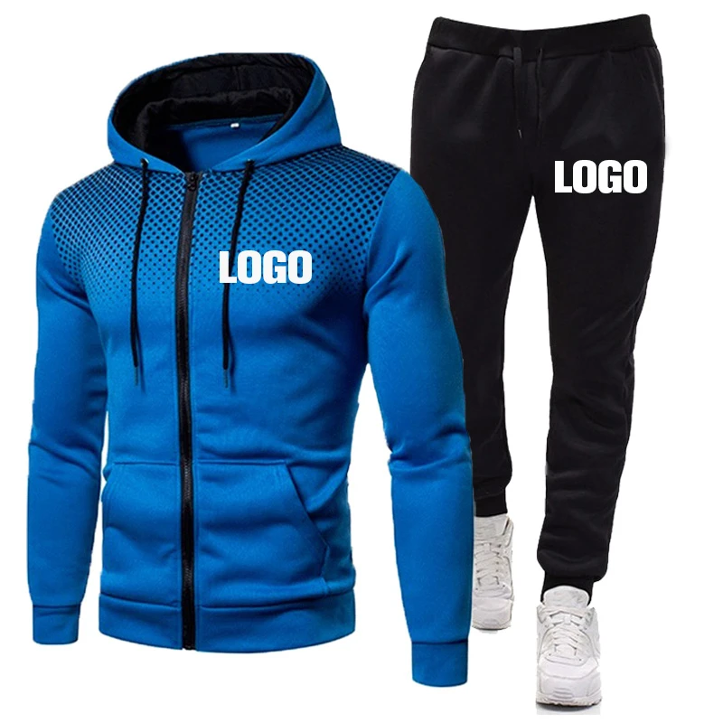 2023 Custom Logo Autumn Winter Men's Set Thicken Warm Tracksuit Hoooded Jacket & Sweatpants 2 Piece Set Male Outfits Sportswear