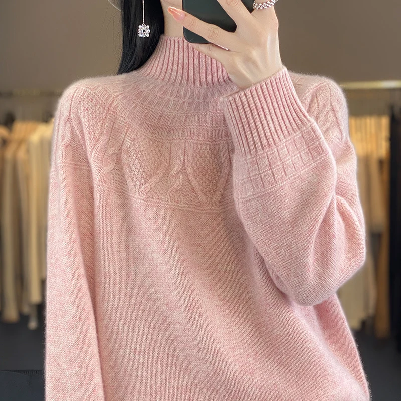 

M-XXL Hot selling 100% pure wool pullover for women's sweater casual knitted long sleeved half high collar women's wool sweater