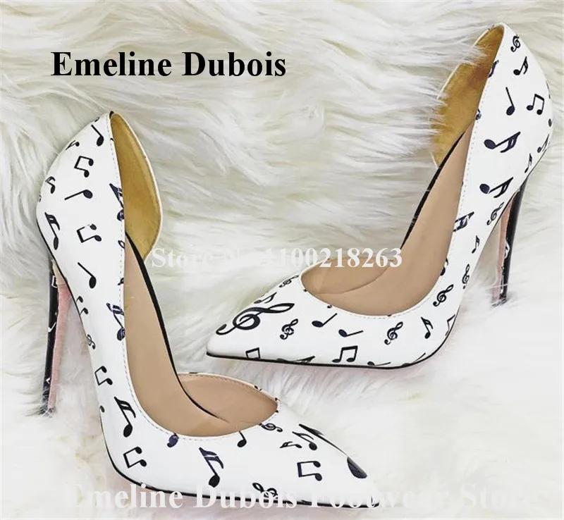 

Musical Notes Printed Pumps Emeline Dubois Pointed Toe White Black Patent Leather Stiletto Heel Dress Shoes Women Wedding Heels