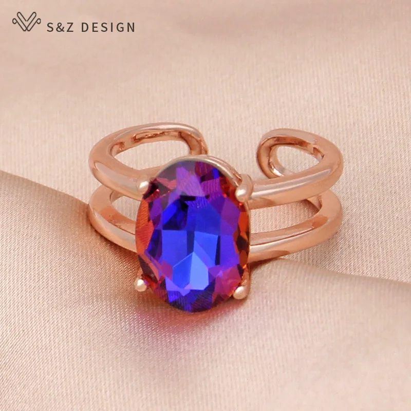S&Z DESIGN New Fashion Egg Shape Oval Crystal Rings For Women Wedding 585 Rose Gold Color Jewelry Fine Adjustable Gift